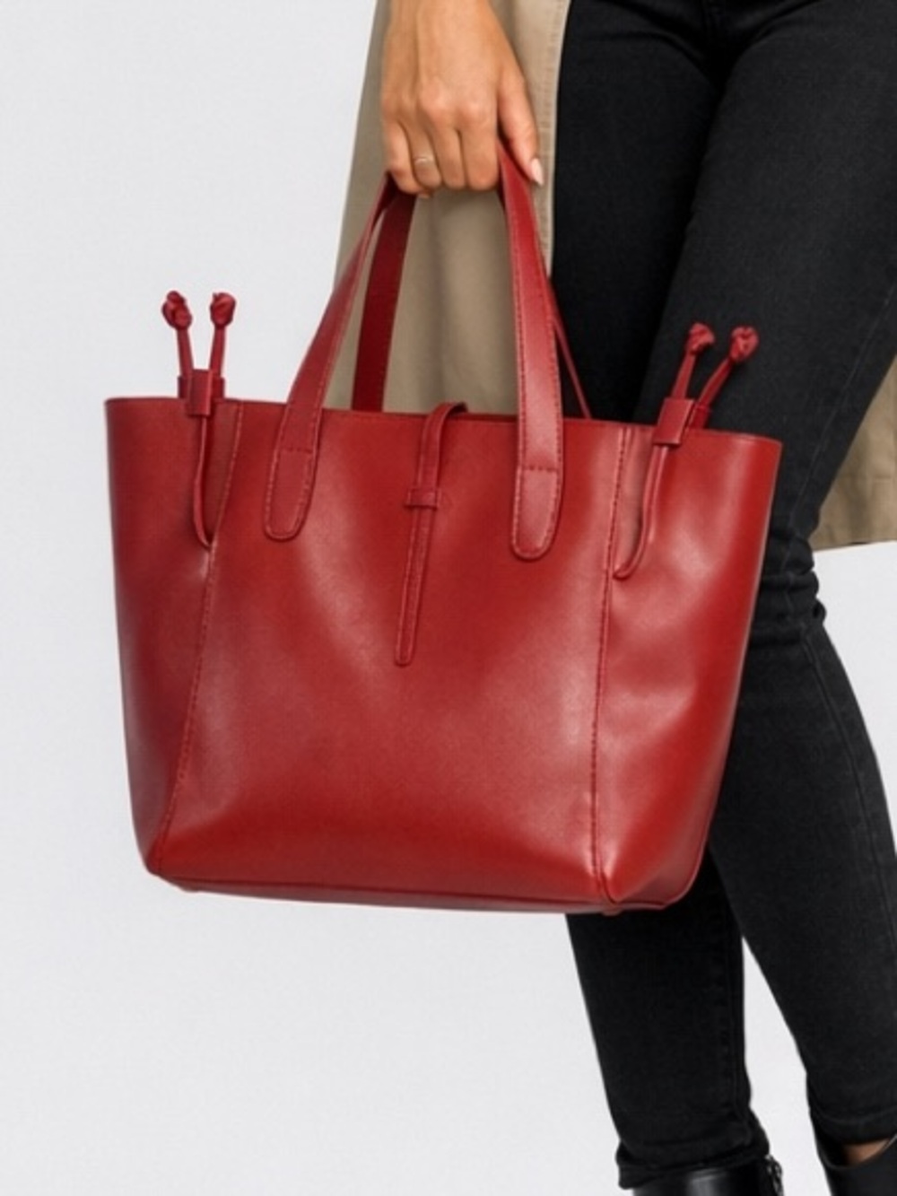 Red Faux Leather Tote Bag Women’s Structured Shoulder Purse Drawstring Detail